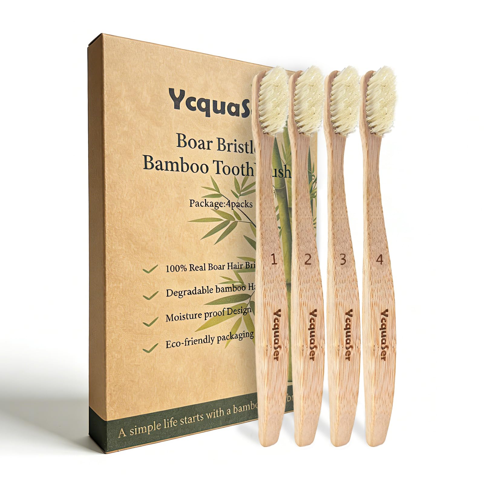 Set of four Ycquaser bamboo toothbrushes with boar bristles, manual toothbrushes for eco-friendly oral care.