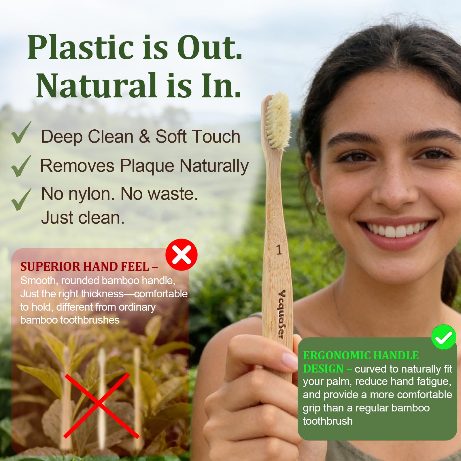 Ycquaser boar bristle bamboo manual toothbrush 4-pack with eco-friendly handle and natural bristles for gentle cleaning.