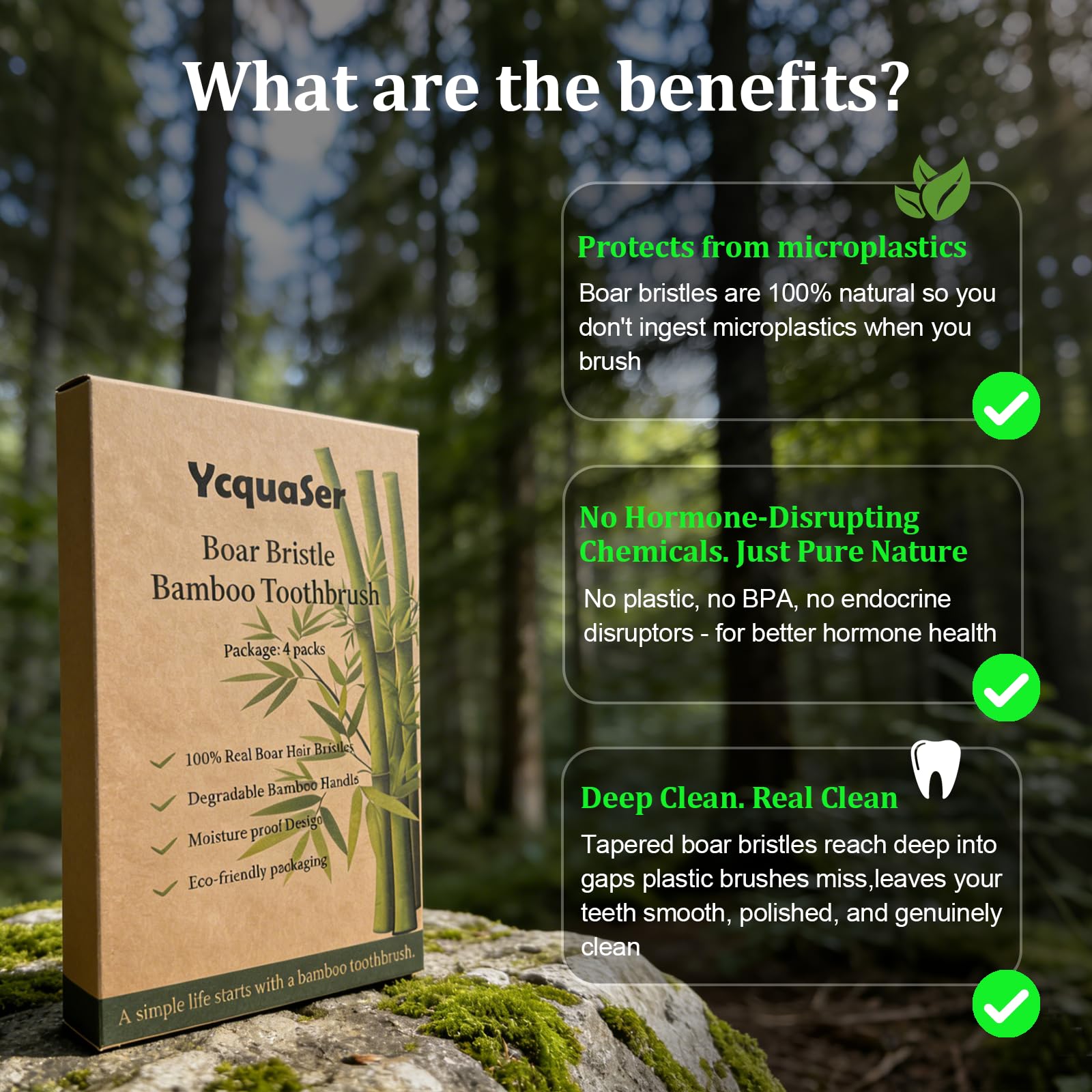 Ycquaser boar bristle bamboo manual toothbrush 4-pack, eco-friendly toothbrushes with natural bamboo handles and soft bristle heads.
