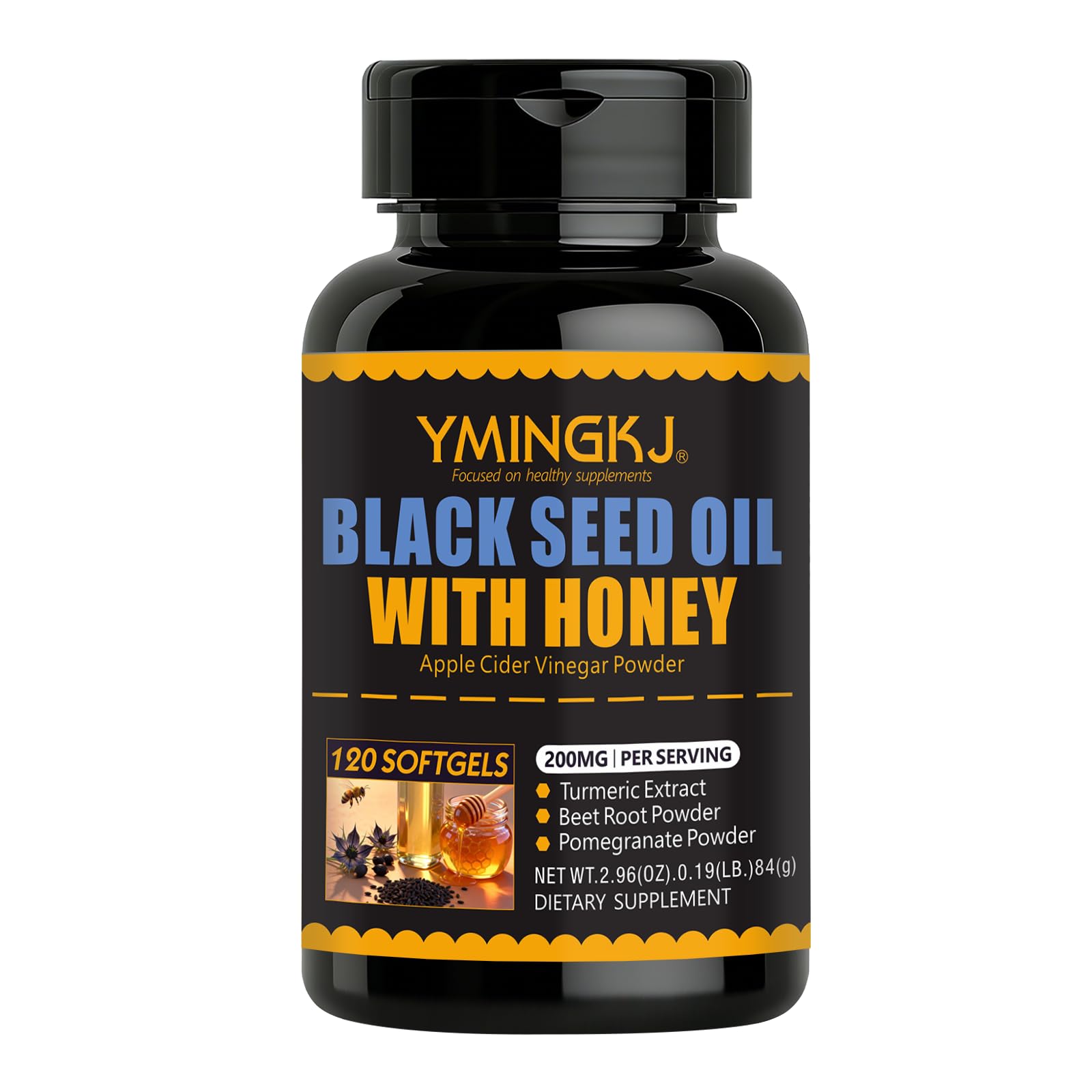 Black cumin seed oil and ACV softgels by YMINGKJ, 3000mg, 120 softgels, dietary supplement for health and wellness.