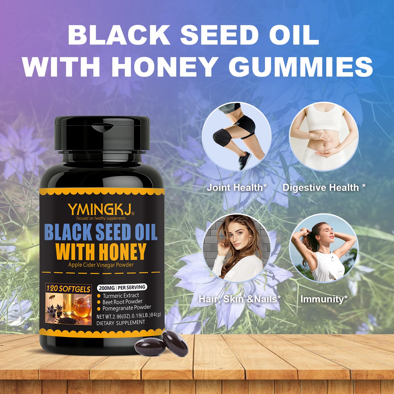 Black cumin seed oil and ACV softgels supplement by YMINGKJ, 3000mg, 120 softgels in a clear bottle with label.