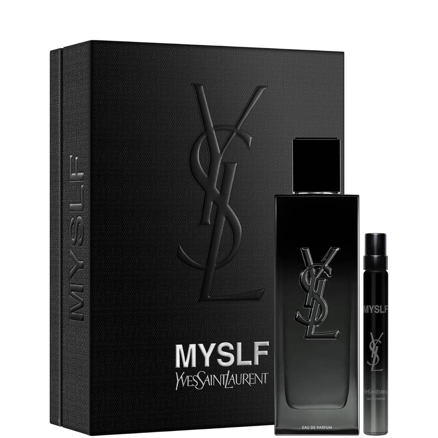 Yves Saint Laurent MYSLF Eau de Parfum gift set with 3.4 oz bottle and mini fragrance, featuring sleek bottle design