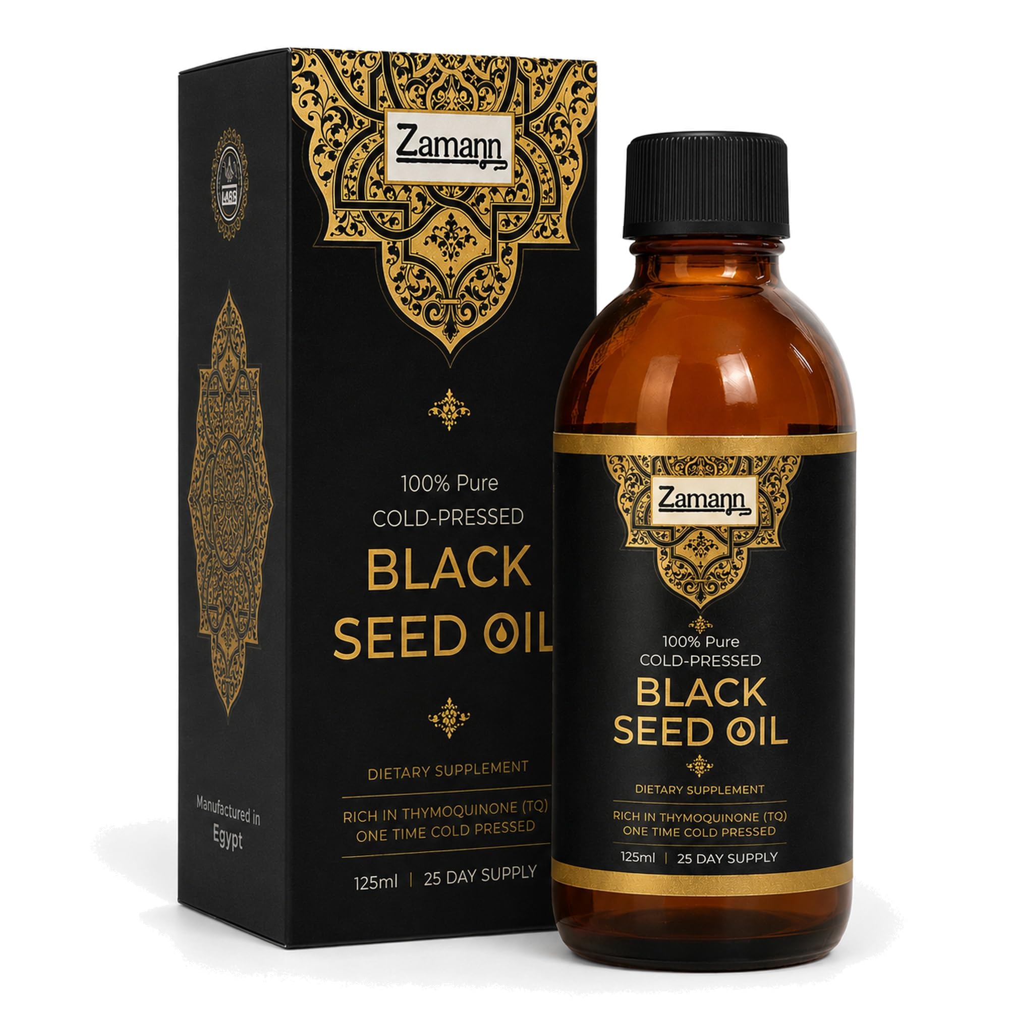 Zamann Naturals Black Seed Oil 100% pure edible vegetable oil in a 4.2oz bottle, with the oil bottle and label visible.