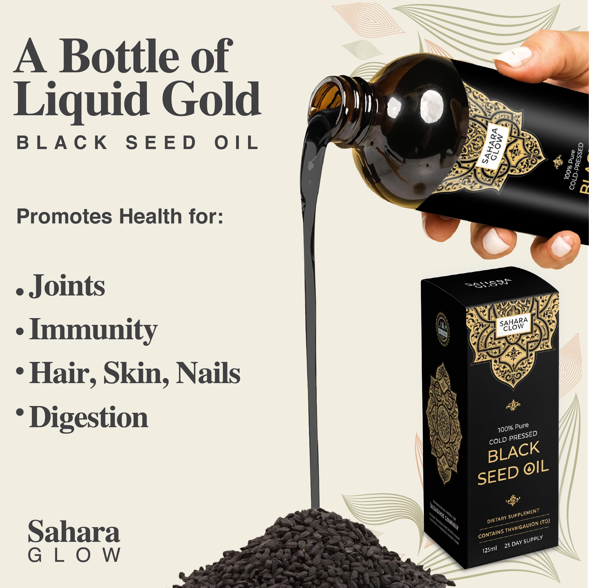 Zamann Naturals Black Seed Oil 100% Pure in a 4.2oz bottle, showing the product label and dark liquid inside a glass container.